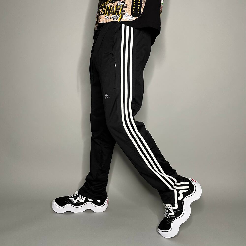 Vintage Y2K Adidas Sweatpants Mens L Jet Black Polyester White 3 Stripes Ankle
